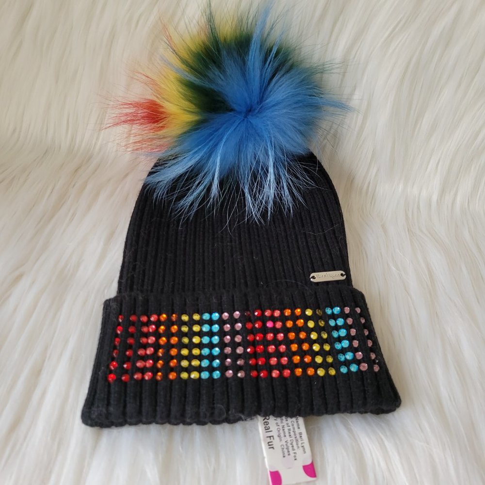 Bari Lynn Girl’s Rainbow Crystal Fox Fur PomPom Beanie